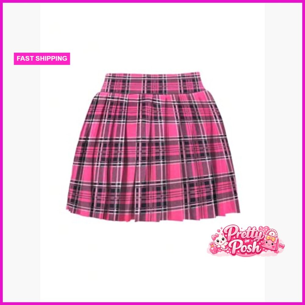 Polyester Pleated Mini Skirt Low Rise Plaid Print Casual - Picture 2 of 3